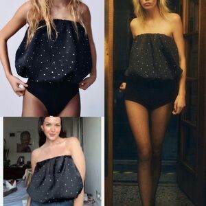 Zara Black Strapless Top with White Polka Dots